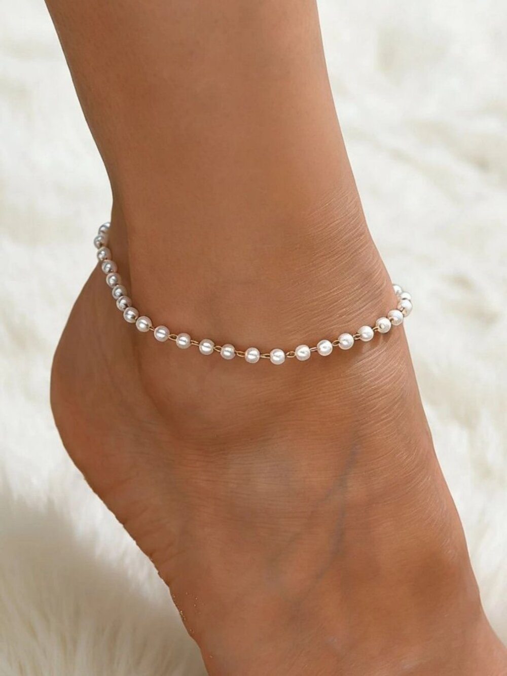 5mm White Dainty Faux Pearl Link Chain Anklet Adjustable 10 Inch Jewelry